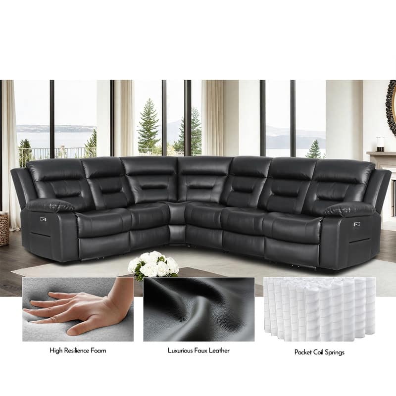 119'' Faux Leather Power Recliner 6-Seat Large Sectional Reclining Sofa with USB Port