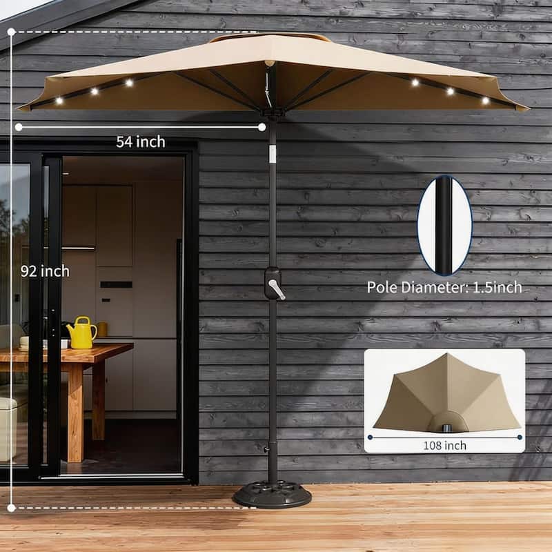 9ft Outdoor Patio Half Umbrella, with Solar LED Lights and Smooth Crank Lift