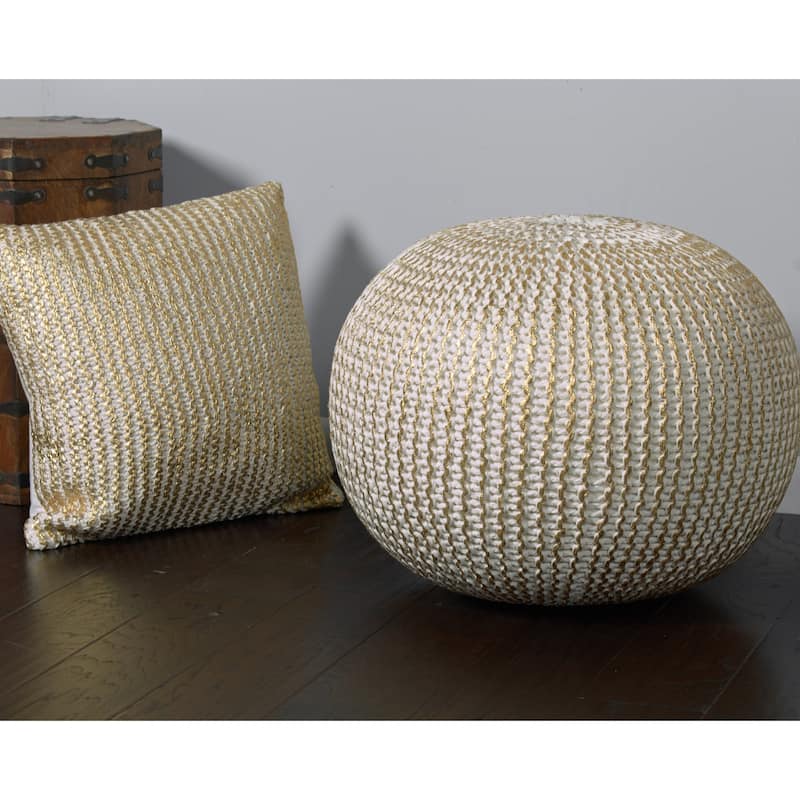 20 Inch Gold Cotton Round Pouf Ottoman for Living Room or Bedroom Decor