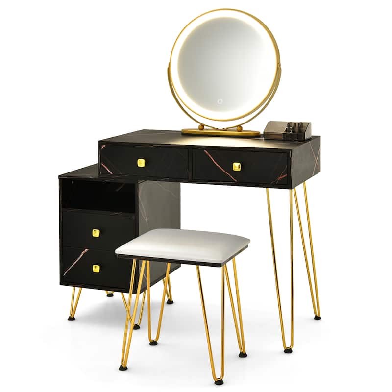 Costway Vanity Table Stool Set Dimmer LED Mirror Large Storage Cabinet - See details