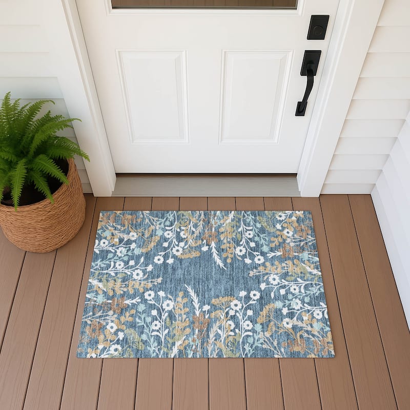 Machine Washable Indoor/ Outdoor Floral Border Chantille Rug - Denim - 1'8" x 2'6"