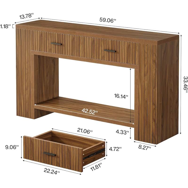 59" Farmhouse Entryway Table with Storage Shelf, Console Table with 2 Drawers, 2-Tier Sofa Table Behind Couch