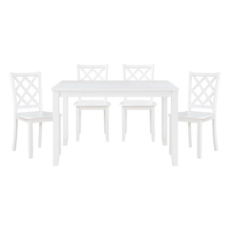 Oria 5 Piece Dining Set with Table, 4 Lattice Back Chairs, White Solid Wood