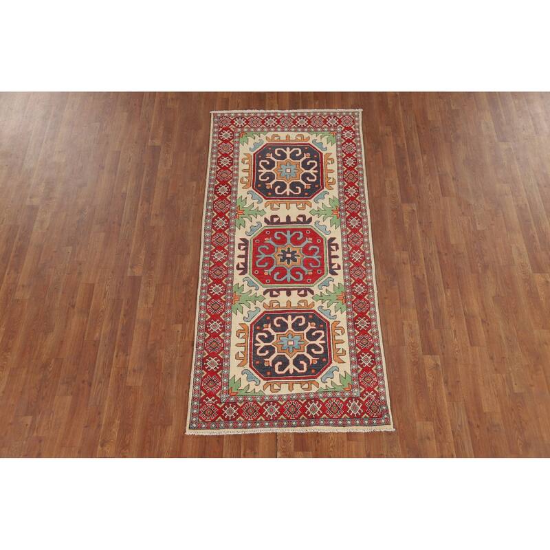 Geometric Kazak Runner Rug Hand-Knotted Wool Carpet - 3'3" x 7'2"