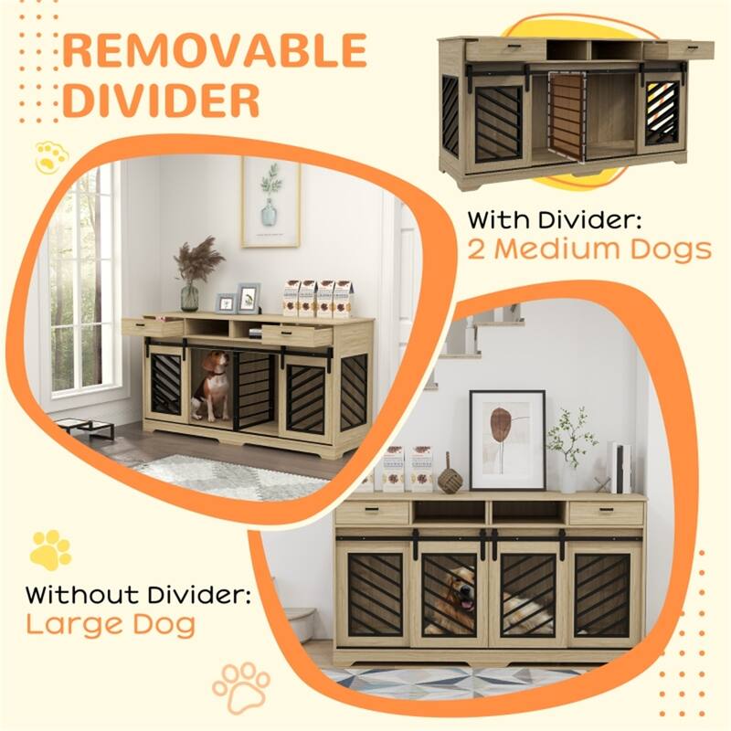 Oak Wooden Dog House and Side Table with Removable Divider and Storage Compartments - 64.2"L x 20.1"W x 25.8"H