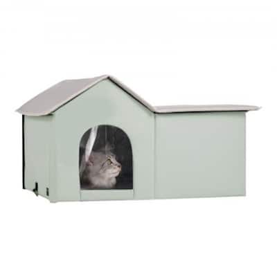Green Oxford Heated Cat House, Waterproof, Insulated and 50W Pad - 26.38” L × 22.05” W × 16.14” H