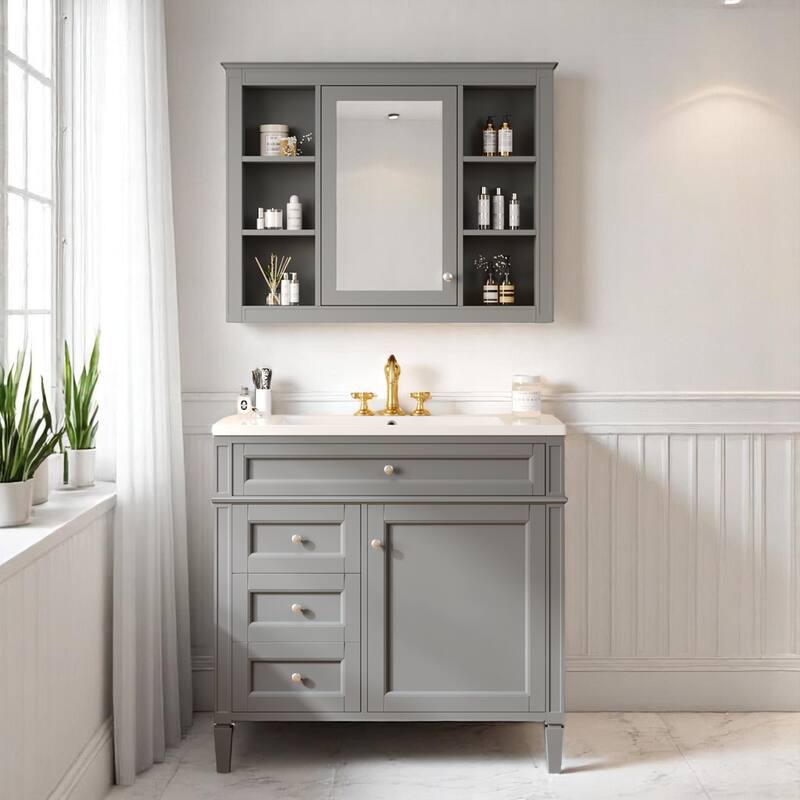 36 Inch Bathroom Vanity Set with Ceramic Sink, Medicine Mirror Cabinet, Soft Closing Doors and Drawers - Grey