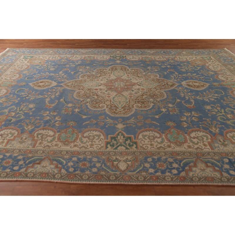 Blue Tabriz Persian Vintage Rug Hand-Knotted Traditional Wool Carpet - 10'0"x 13'2"