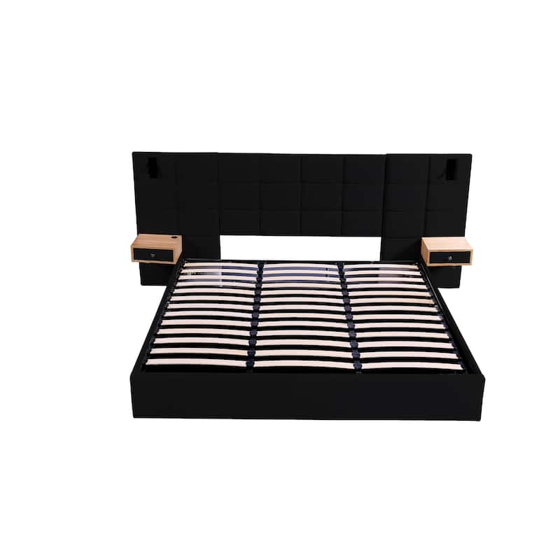 Hydraulic Lift Up Storage Bed Frame, King Size Upholstered Wingback Platform Bed, 2 Side Shelves, 2 Reading Lamps and USB Ports