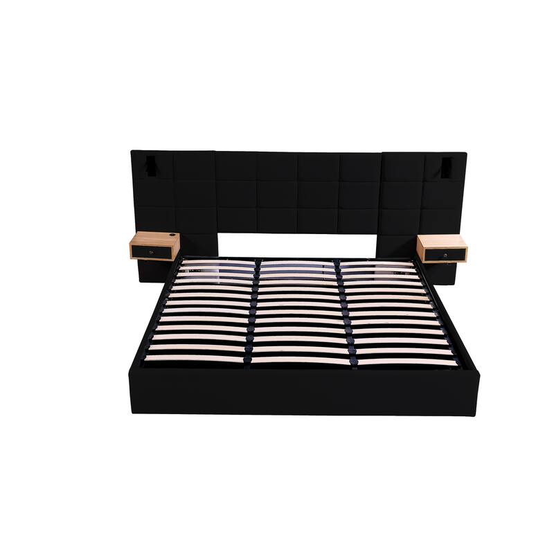 King SizeVelvet Upholstered Hydraulic Platform Bed with Built-in Reading Lamps, USB Ports and Integrated Storage Shelves