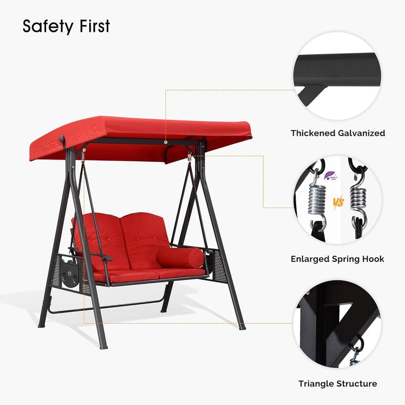 PURPLE LEAF Outdoor Red Patio Porch Swing with Stand, Chair with Adjustable Tilt Canopy All-Weather Steel Frame for Backyard