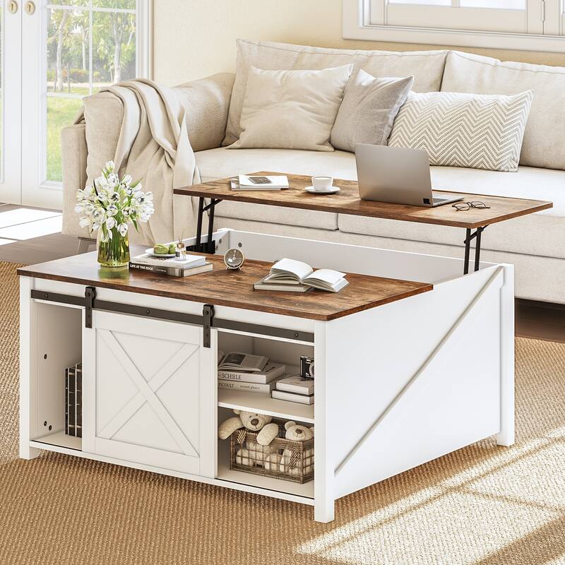 BOSSIN 31.5" Square Farmhouse Lift-Top Coffee Table - Wooden Living Room Center Table with Hidden Storage - White