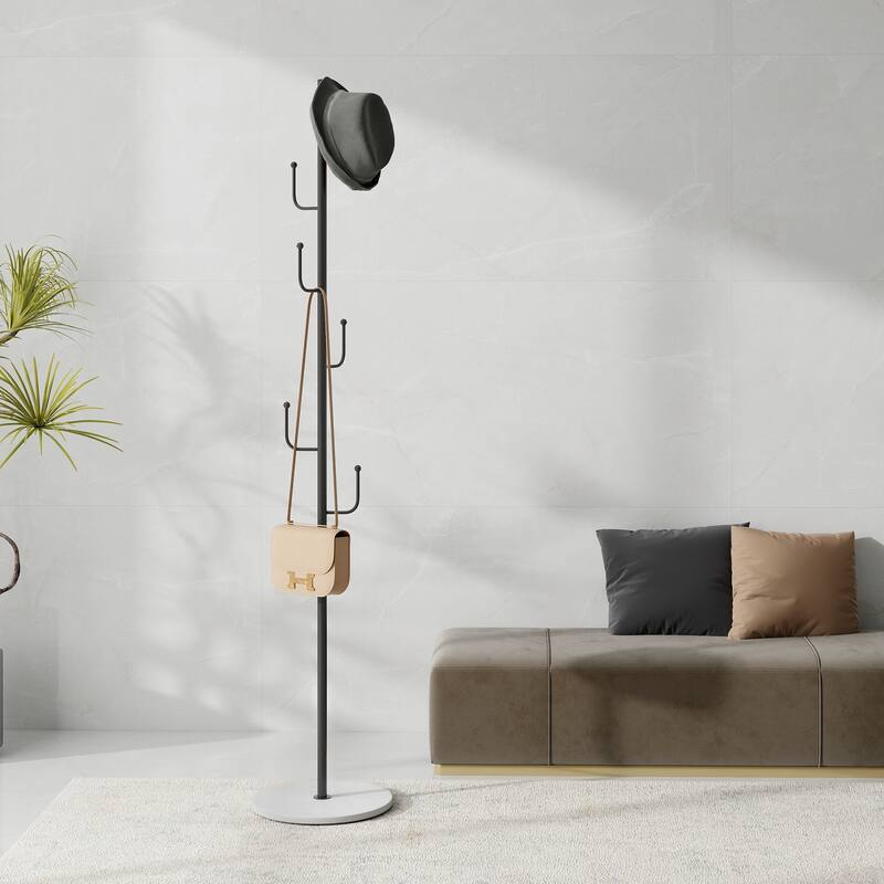 Maypex 64.5 in.Freestanding Metal Coat Rack with Round Quartz Stone Base - Black  + White