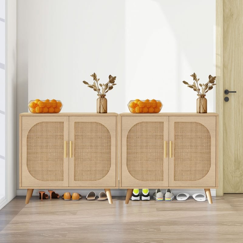Shoe storage cabinet with 2 Doors and 4 compartments,Rattan Storage Cabinet with Solid Wood Feet