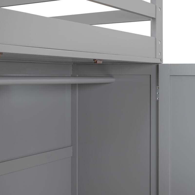 Space-Saving Full Loft Bed with Desk, Drawers, and Wardrobe in Gray