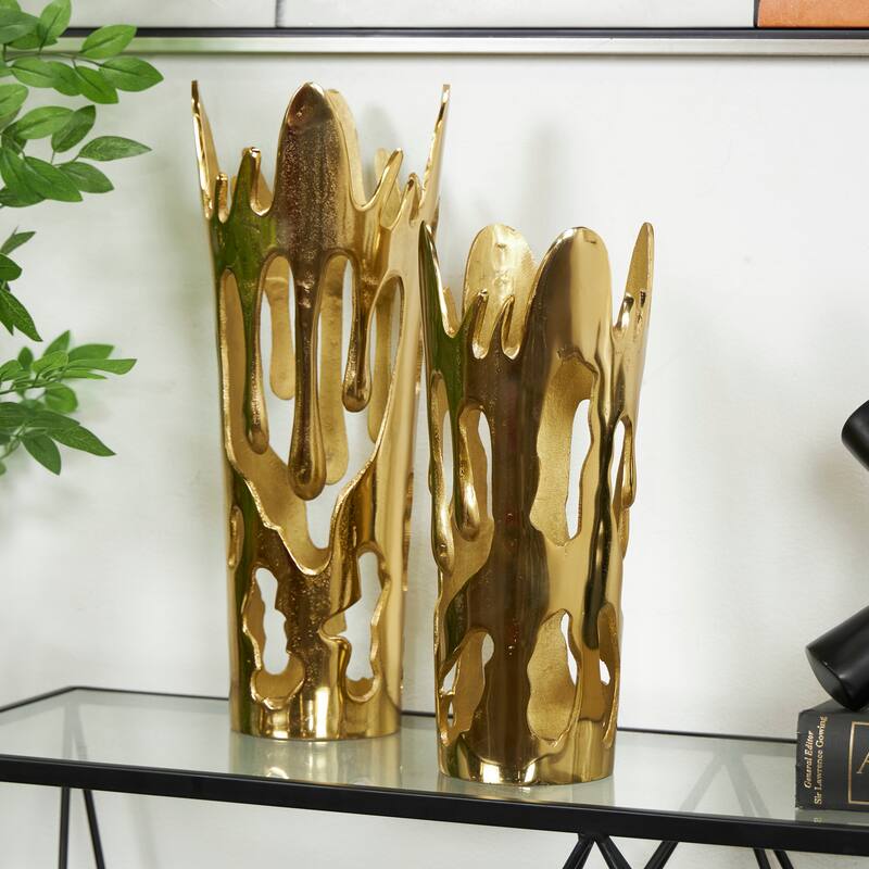 Aluminum Metal Drip Vase with Melting Designed Body - Set of 2 Silver, Gold, Black - Roche River Decor