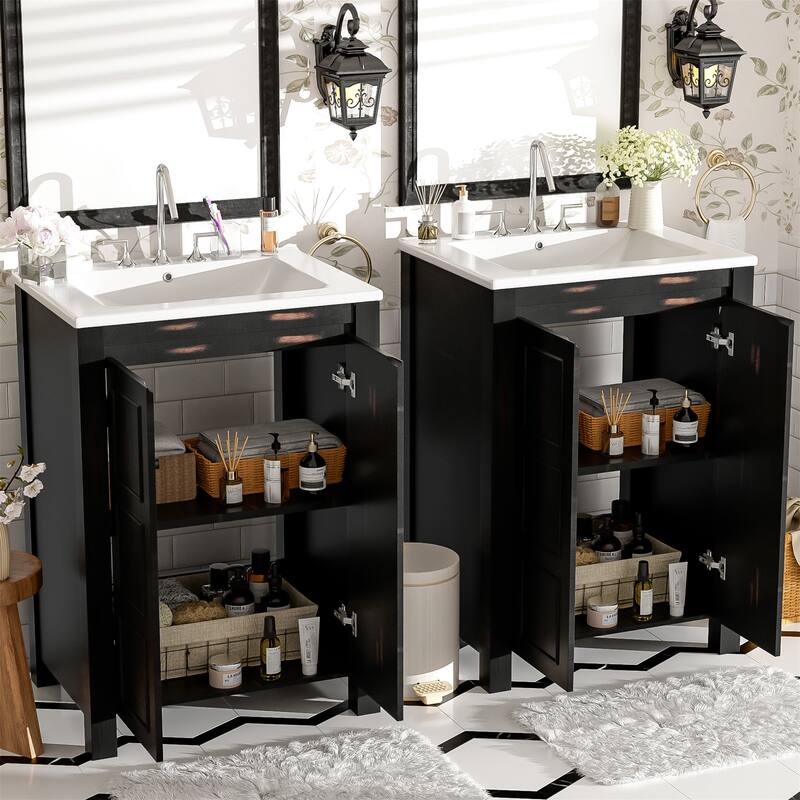 Bathroom Vanity Set with Double Ceramic Sinks,Storage Shelf and Doors