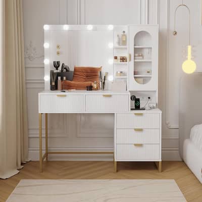 Makeup Vanity Desk with Lighted Mirror and 5 Drawers