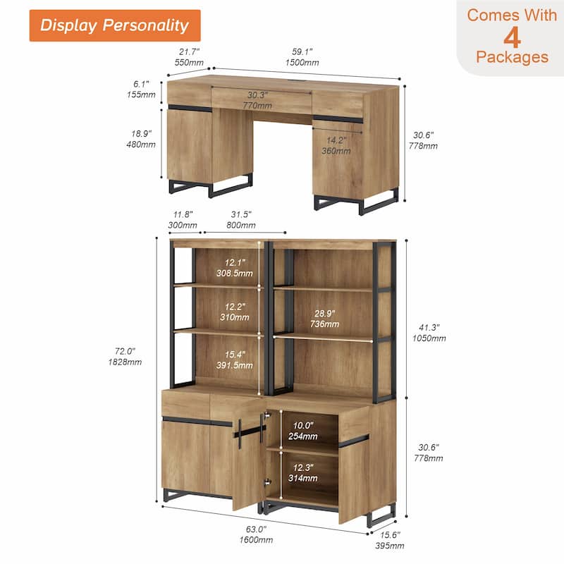 WAMPAT 59" Modern Executive Desk with Charging Station & Storage Cabinet + 72" Tall Bookcases.