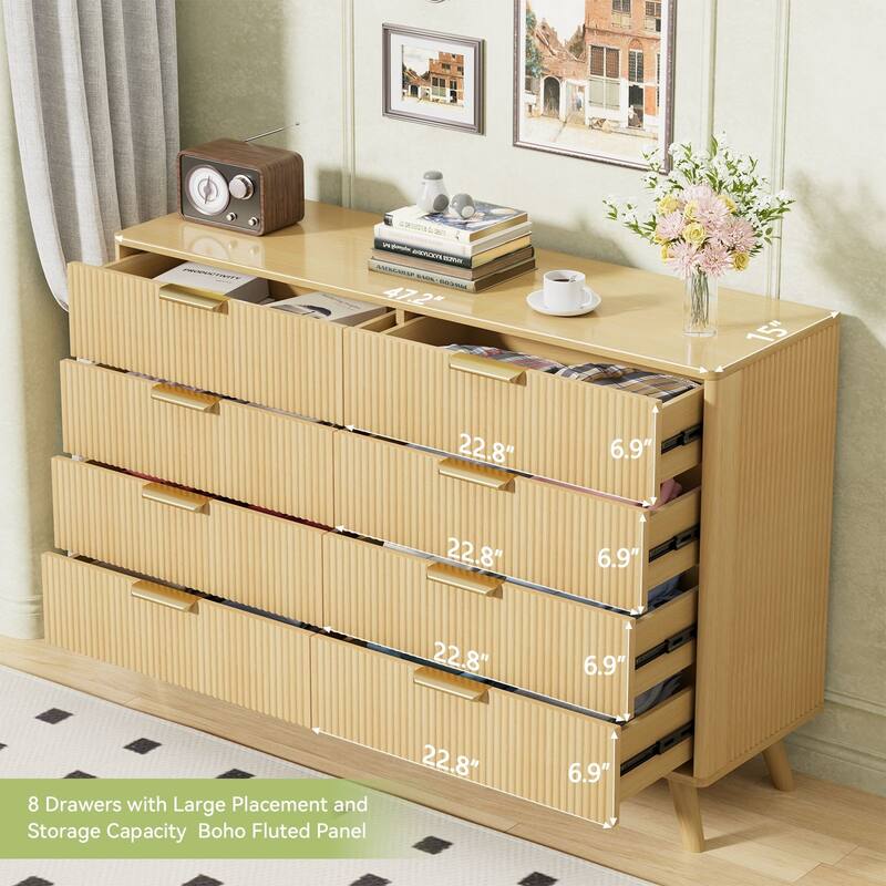 Gymojoy 8 Drawer Fluted Dresser for Bedroom, Modern Wave Pattern Wood Chest with Gold Handles, Boho Storage Dresser