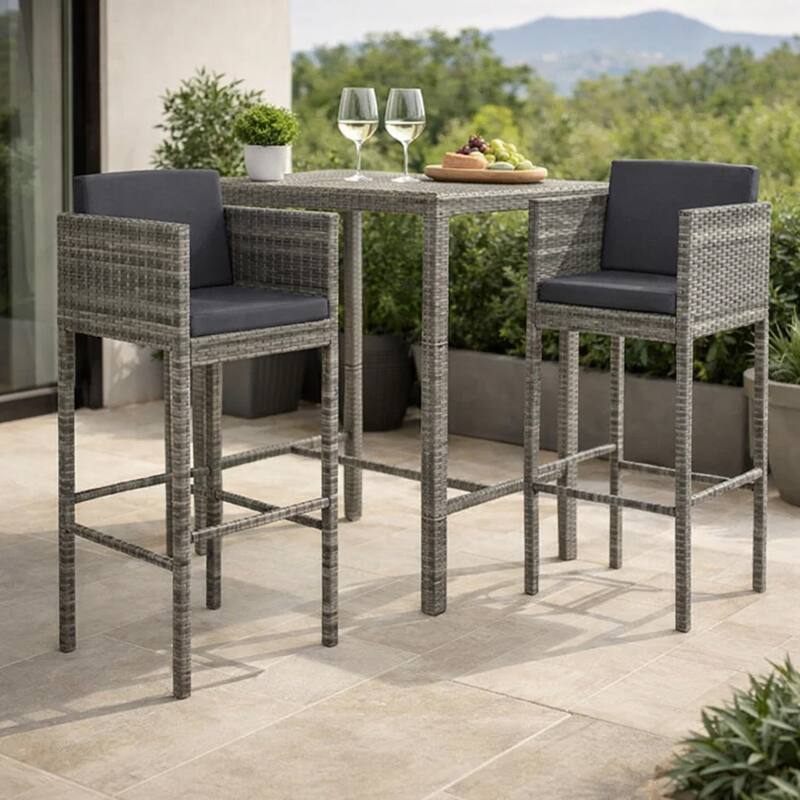 Lexy Outdoor Barstool Chairs Set of 4, Black Fabric and Gray Rattan