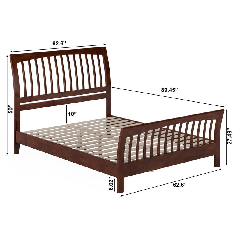 Solid Wood Low Profile Platform Bed - Queen Size, Matching Footboard, Slatted Headboard, Walnut Finish