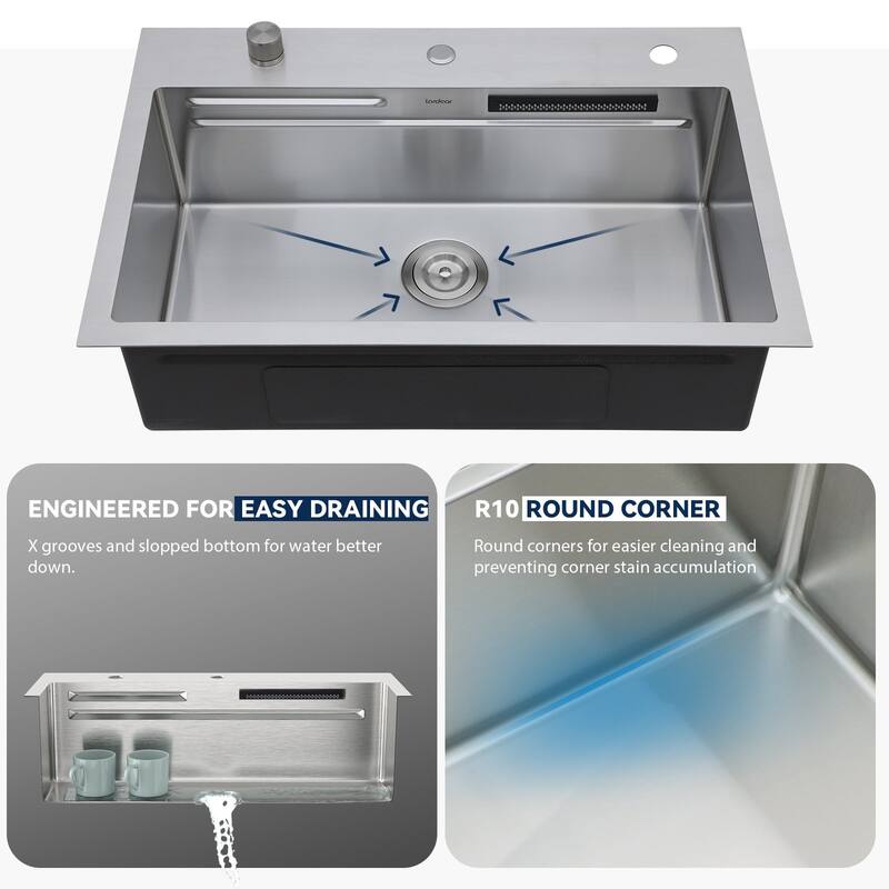 Lordear 31" Kitchen Sink Drop In Flying Rain Waterfall Stainless Steel Sink with Cup Washer and Pull Out Faucet