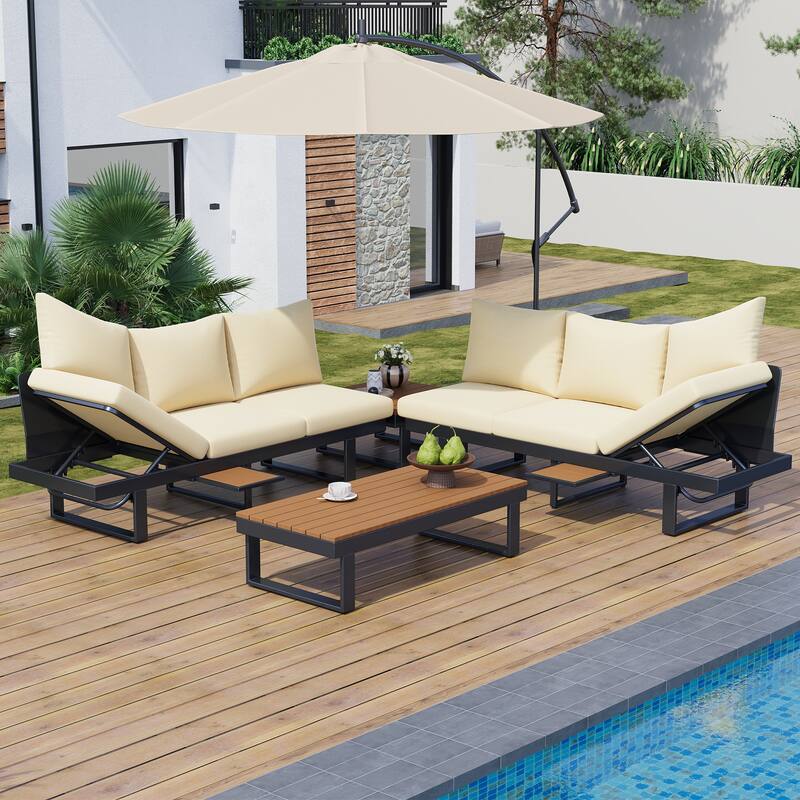 Outdoor Patio Conversation Sofa Set L-shape Sectional Sofa Set with Adjustable Reclining Seats, Coffee Table, Side Table