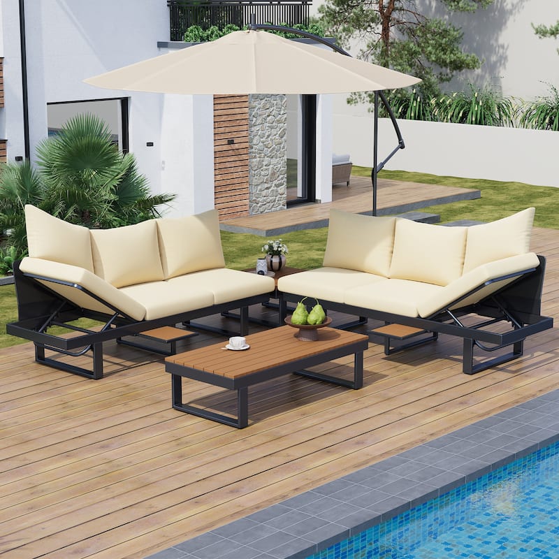 Patio Sectional Conversation Set Adjustable Reclining Seats - Beige