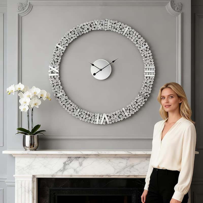 Foldable-Frame Round Wall Clock Adorned with Crystals