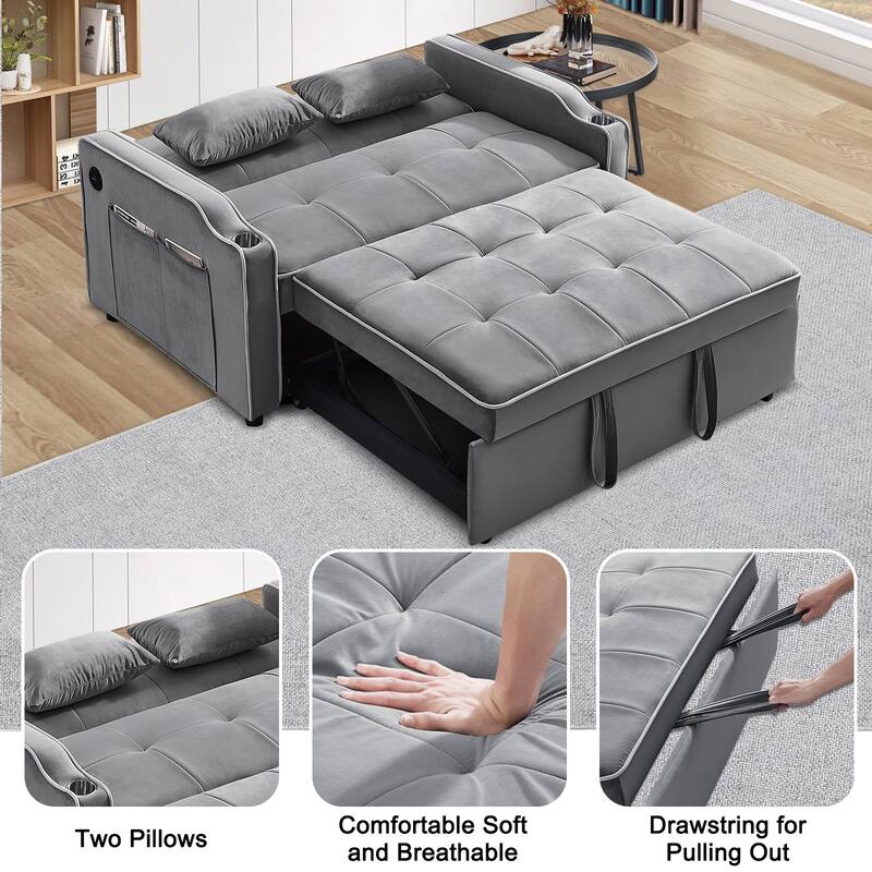 3-in-1 Multi-Functional Velvet Sleeper Sofa Couch with Pullout Bed, Loveseat Sofa Sleeper with USB Port