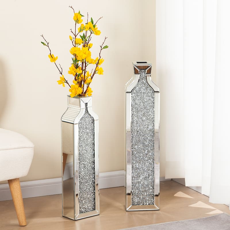 Tall Crushed Diamond Mirrored Floor Vases,Set of 2 - Silver