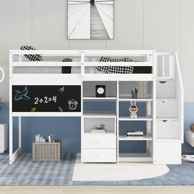 Nestfair Twin Size Loft Bed with Pullable Desk and Storage Shelves