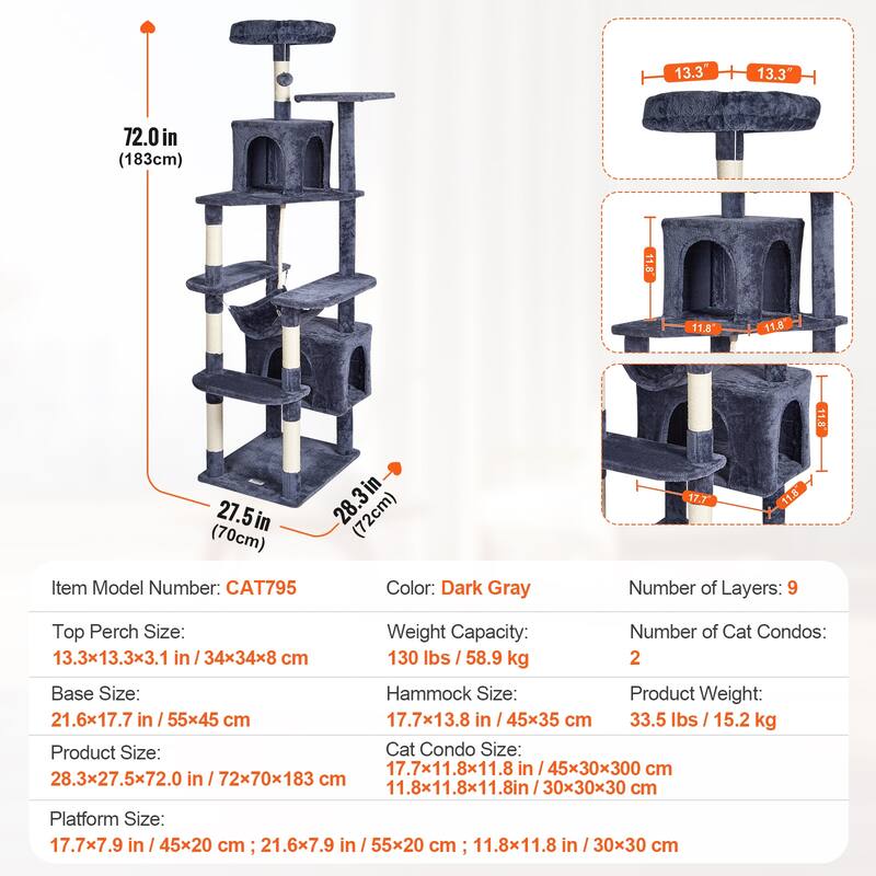 Cat Tree for Indoor Cats, 72" Cat Tower with 2 Cat Condos, Sisal Scratching Post, Hammock, Top Perch, Jumping Platforms