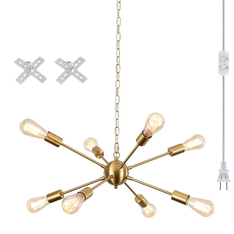 8-Light Hanging Sputnik Linear Chandelier Lighting with Plug for Kitchen Island - Gold