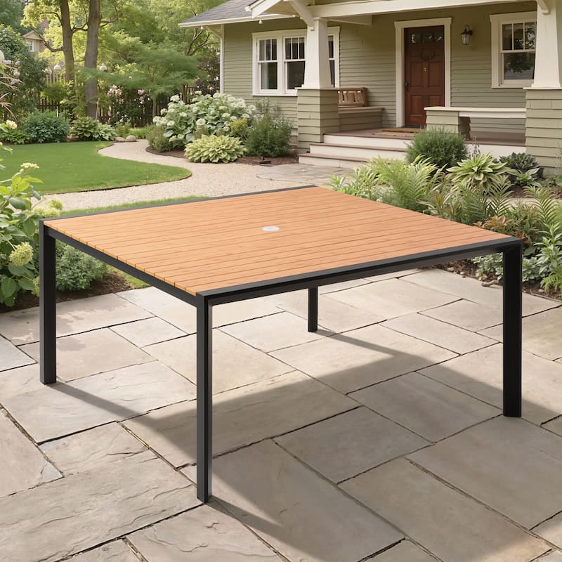 Outdoor All-Weather Aluminum Patio Square Dining Table with Umbrella Hole - Brown