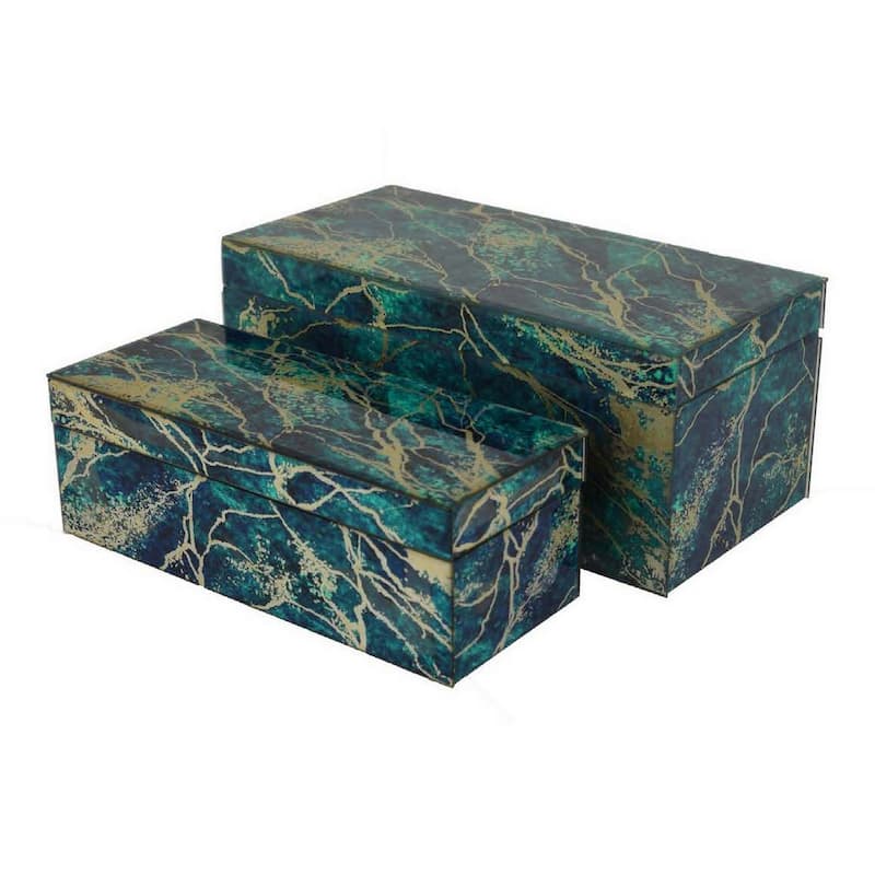 Dory Decorative Box Set of 2, Green Blue Faux Marble Accent Glass