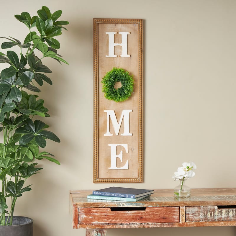 Light Brown Wood Handmade White Lettered HOME Sign Decorative Sign with Beaded Frame and Green Wreath - Light Brown