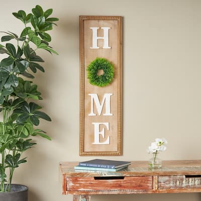 Light Brown Wood Handmade White Lettered HOME Sign Decorative Sign with Beaded Frame and Green Wreath