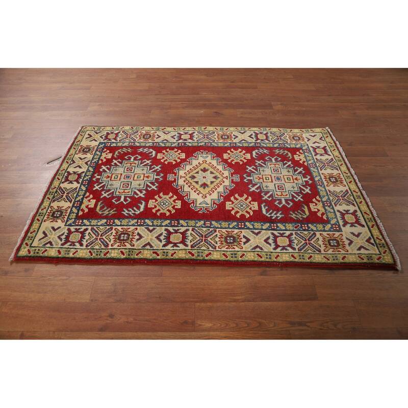 Kazak Accent Rug Hand-Knotted Geometric Red Wool Carpet - 2'7"x 4'0"