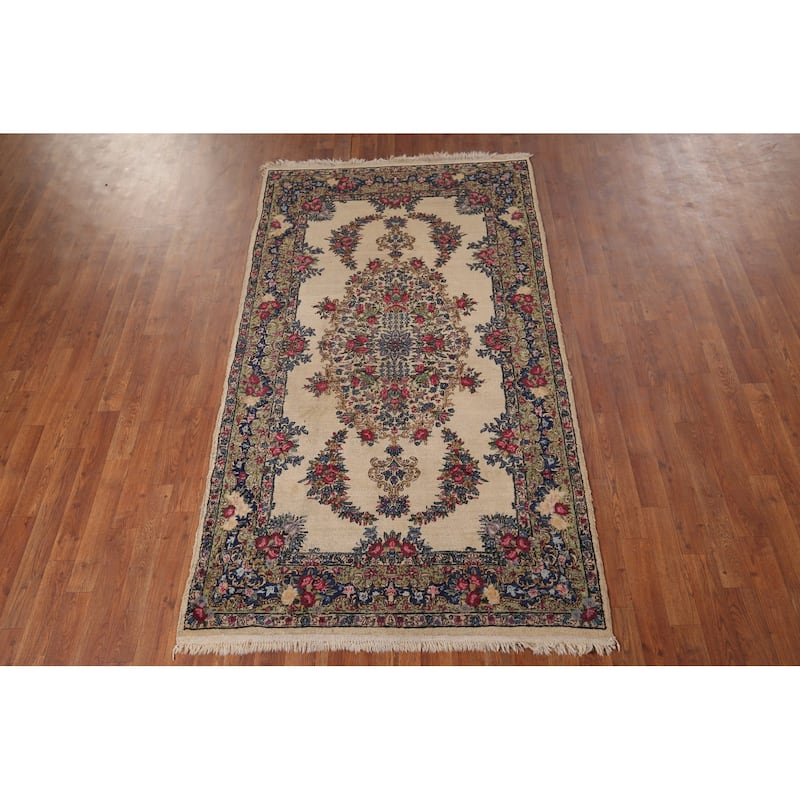 Vegetable Dye Kerman Vintage Persian Area Rug Hand-Knotted Wool Carpet - 4'0" x 7'1"