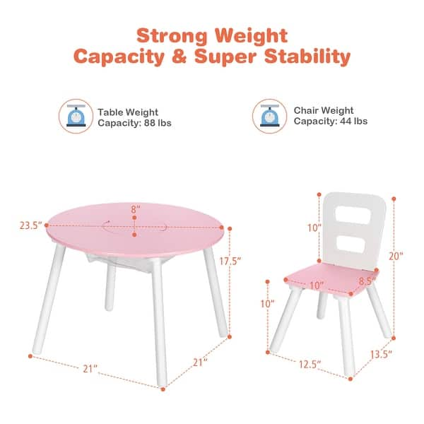 dimension image slide 2 of 5, Costway Kids Wooden Round Table & 2 Chair Set w/ Center Mesh Storage - See Details