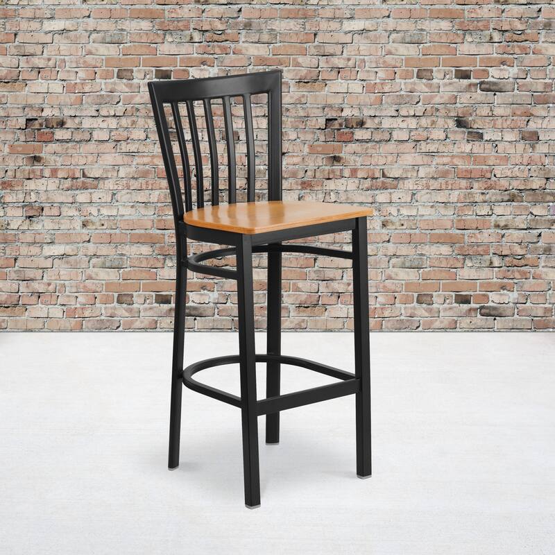 School House Back Metal Restaurant Barstool (Set of 2) - 17.25"W x 19.5"D x 41.75"H - 17.25"W x 19.5"D x 41.75"H - Natural Wood Seat/ Black Metal Frame