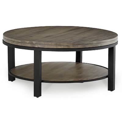 Cyon 40 Inch Round Coffee Table, Black Metal Frame, Gray Wood, Open Shelf
