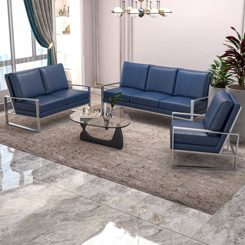 3-Piece Leather Sofa Set Brushed Stainless Steel Base and Removable Cushions