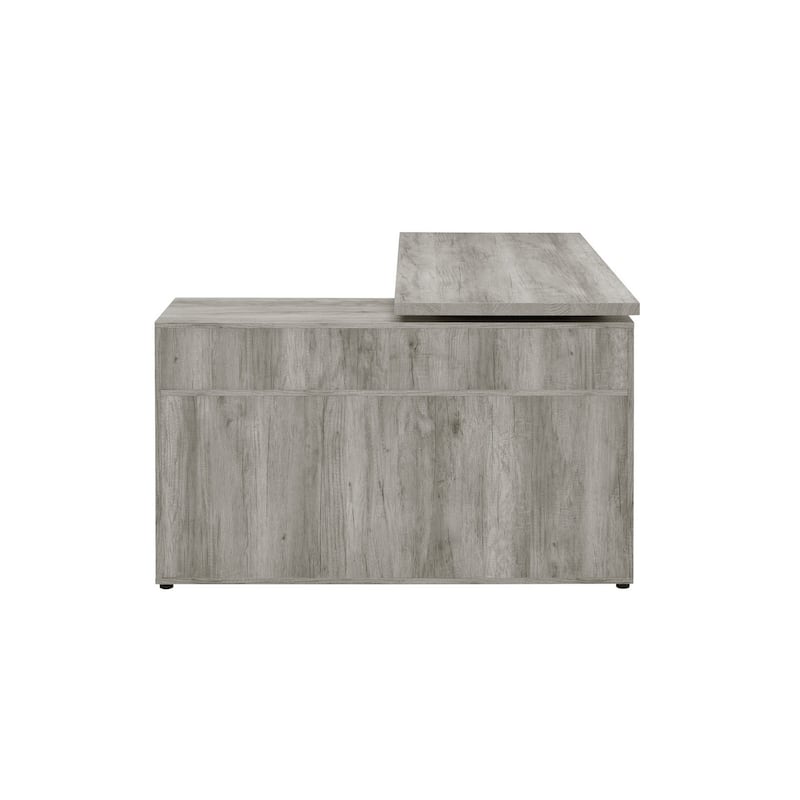 Luz 59 Inch L Shaped Office Desk, 2 Drawers, 5 Compartments, Gray Driftwood