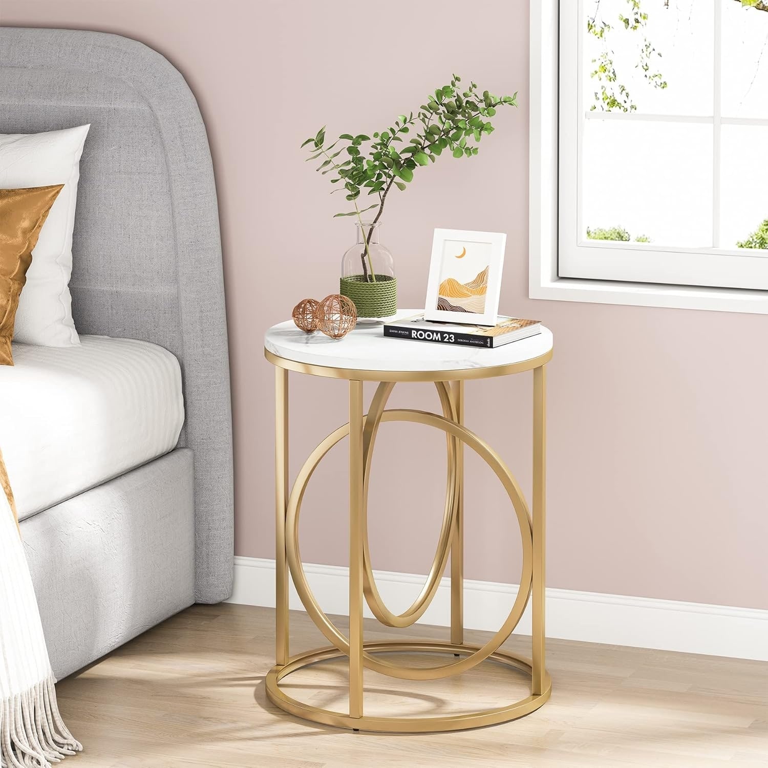 20" Round End Table, White and Gold Accent Table