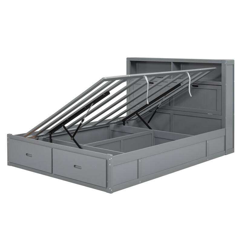 Full Size Wood Platform Bed with LED Headboard Charging Station 2 Drawers Hydraulic Storage