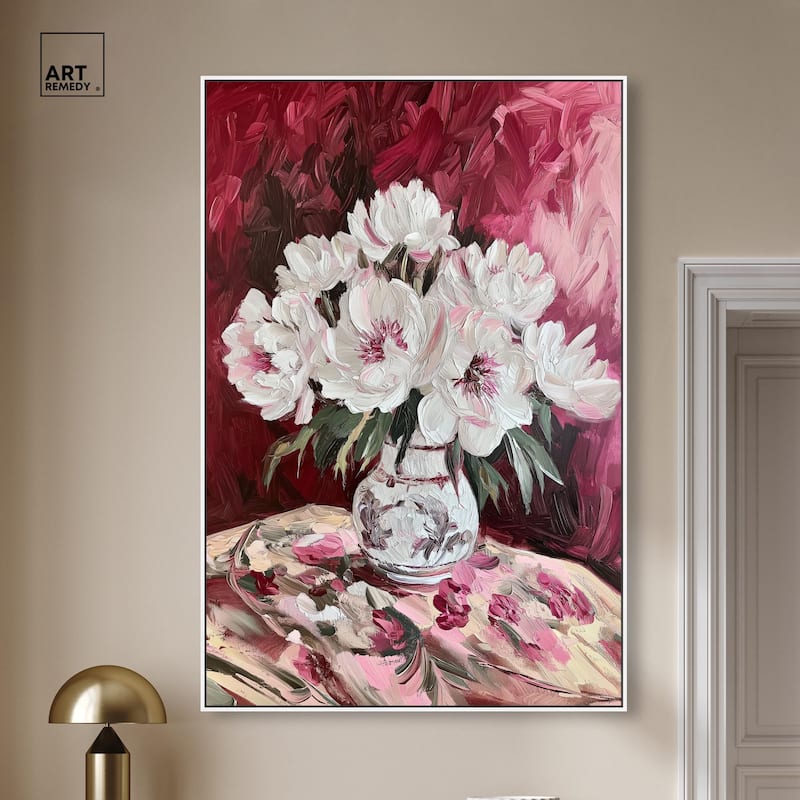 Peonies on Ruby Tide Canvas by Art Remedy