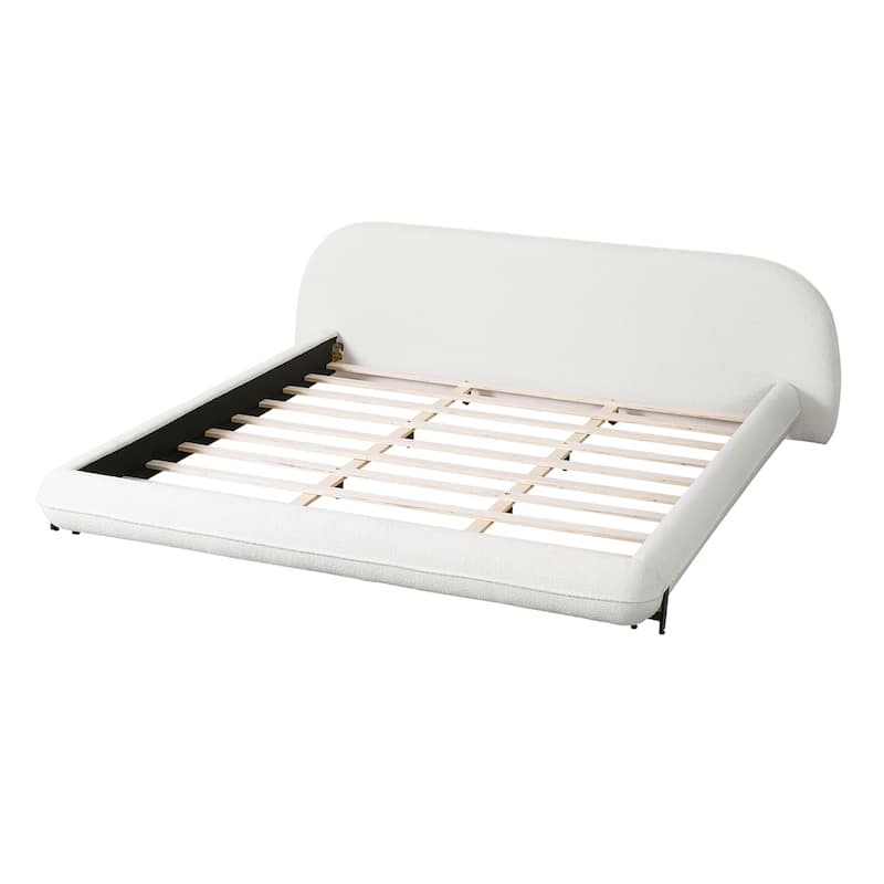 Boucle Fabric Upholstered Platform Bed with Curve-Shaped Design